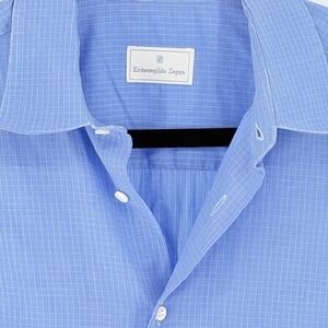 Ermenegildo Zegna Mens Blue Micro Check Cotton Button Down Shirt Made in Spain P